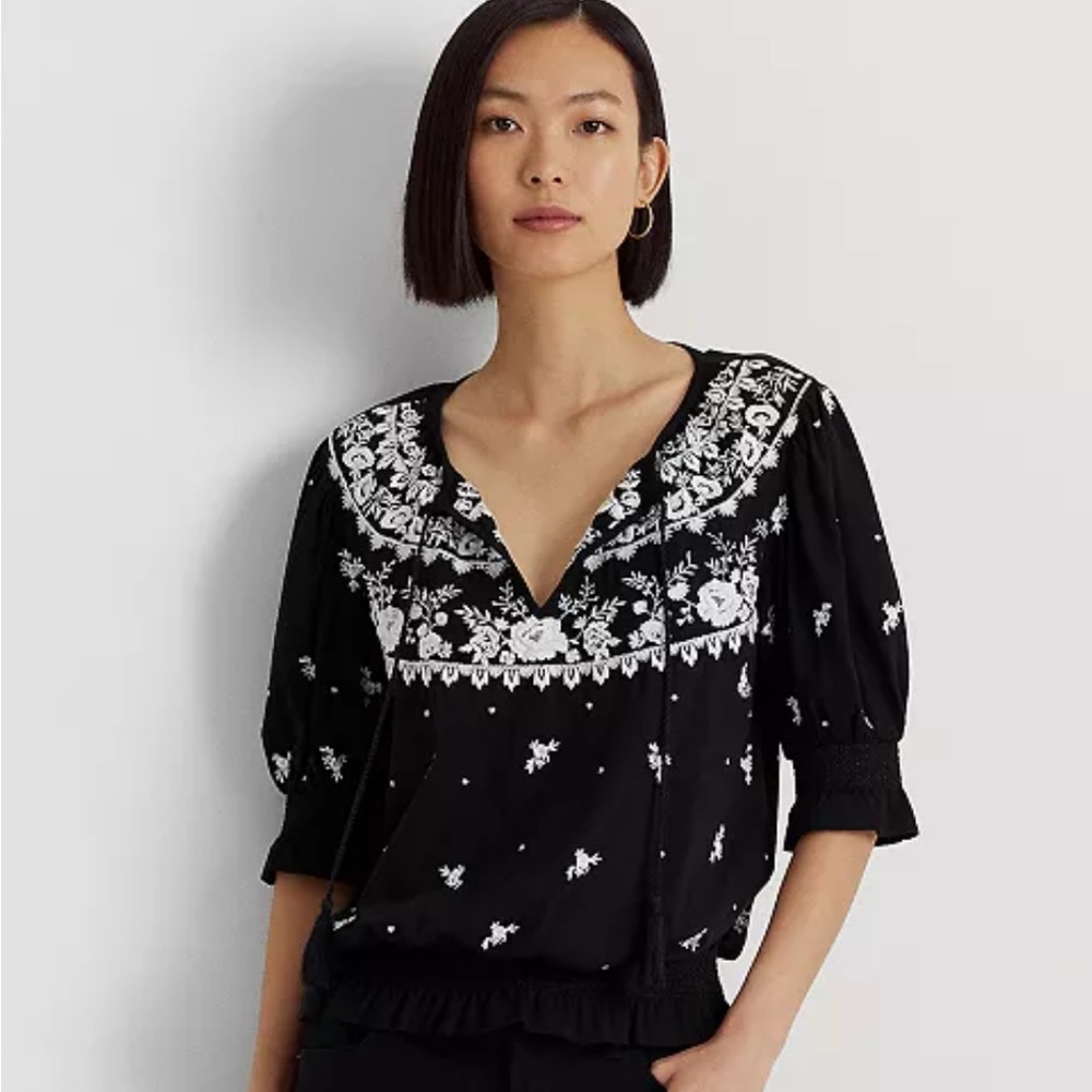 Lauren Ralph Lauren Black and White Embroidered Blouse